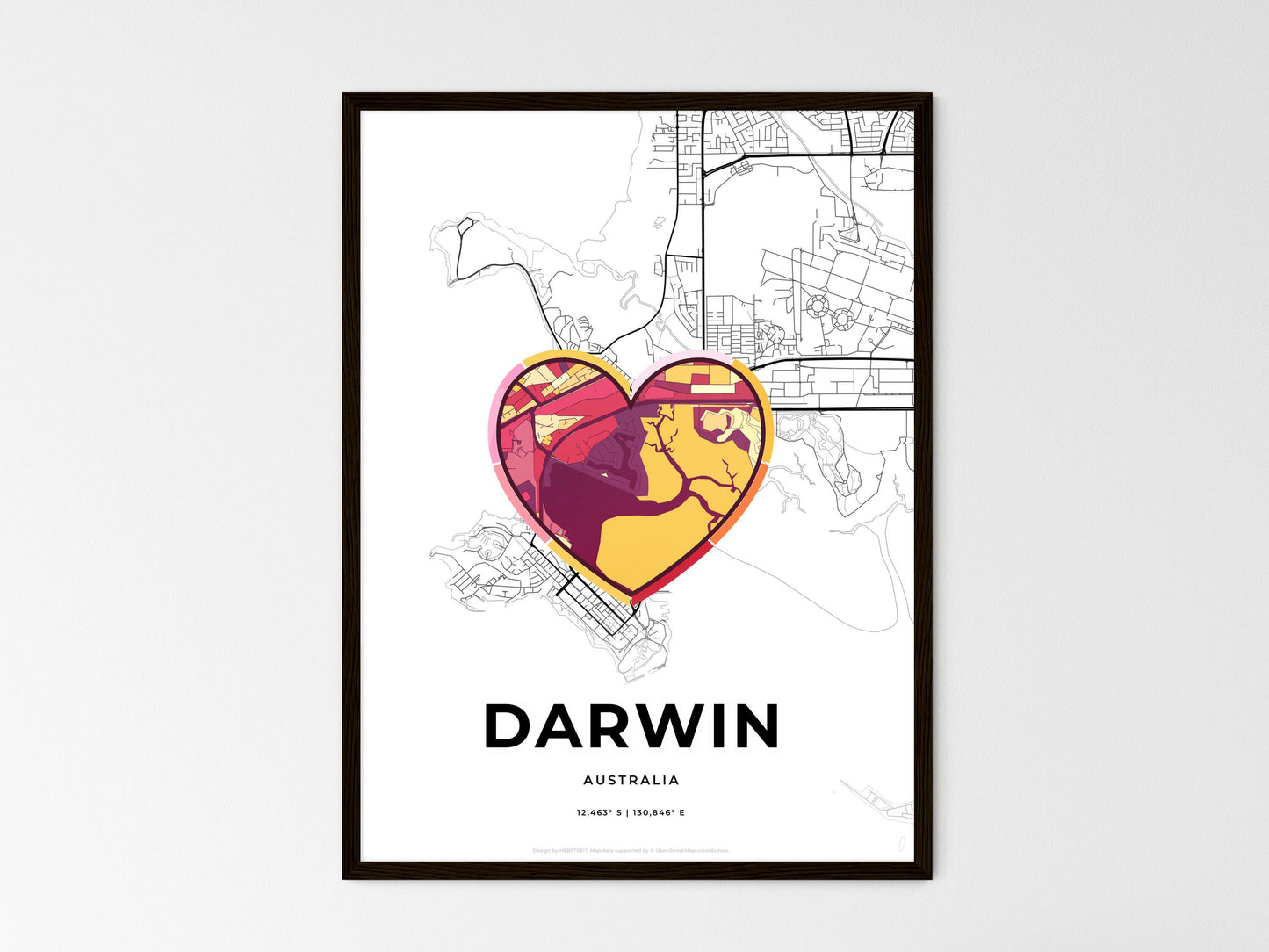 Darwin Australia wedding art map with heart icon