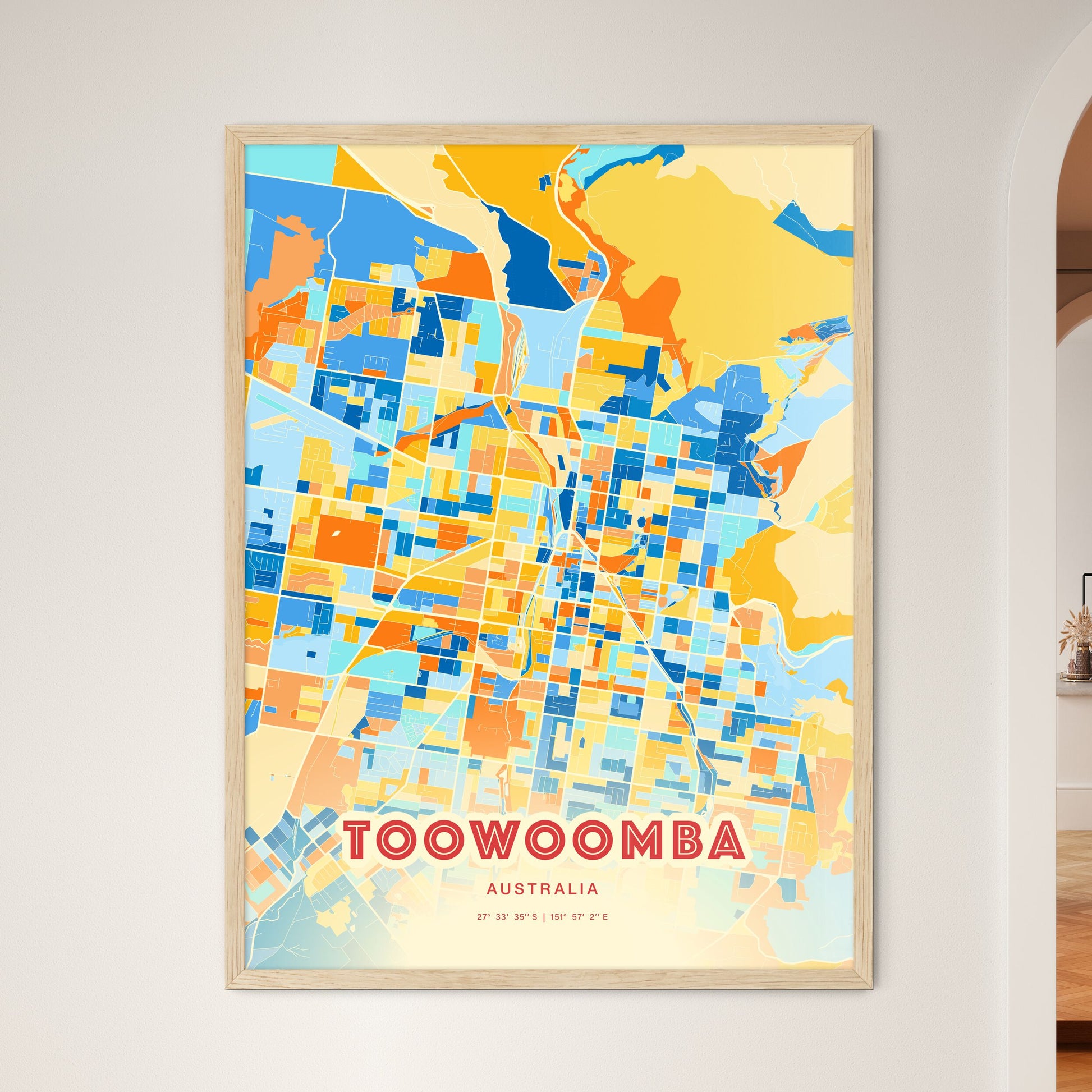 Colorful Toowoomba Australia Fine Art Map Blue Orange