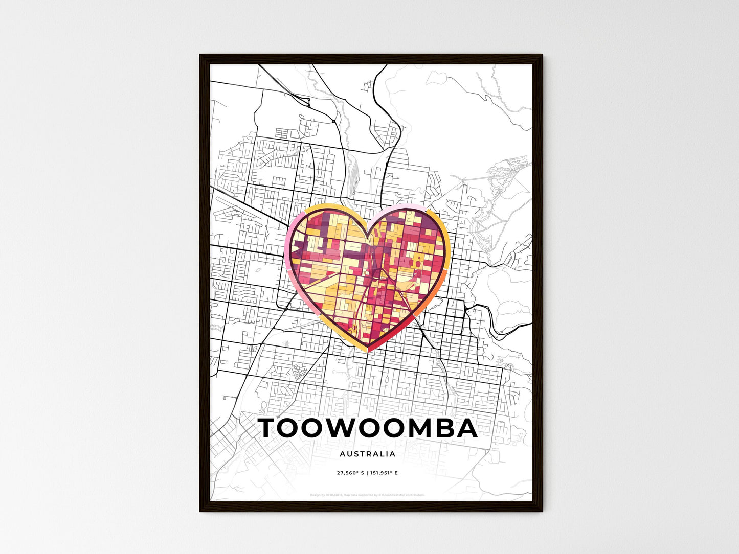 Toowoomba Australia wedding art map with heart icon