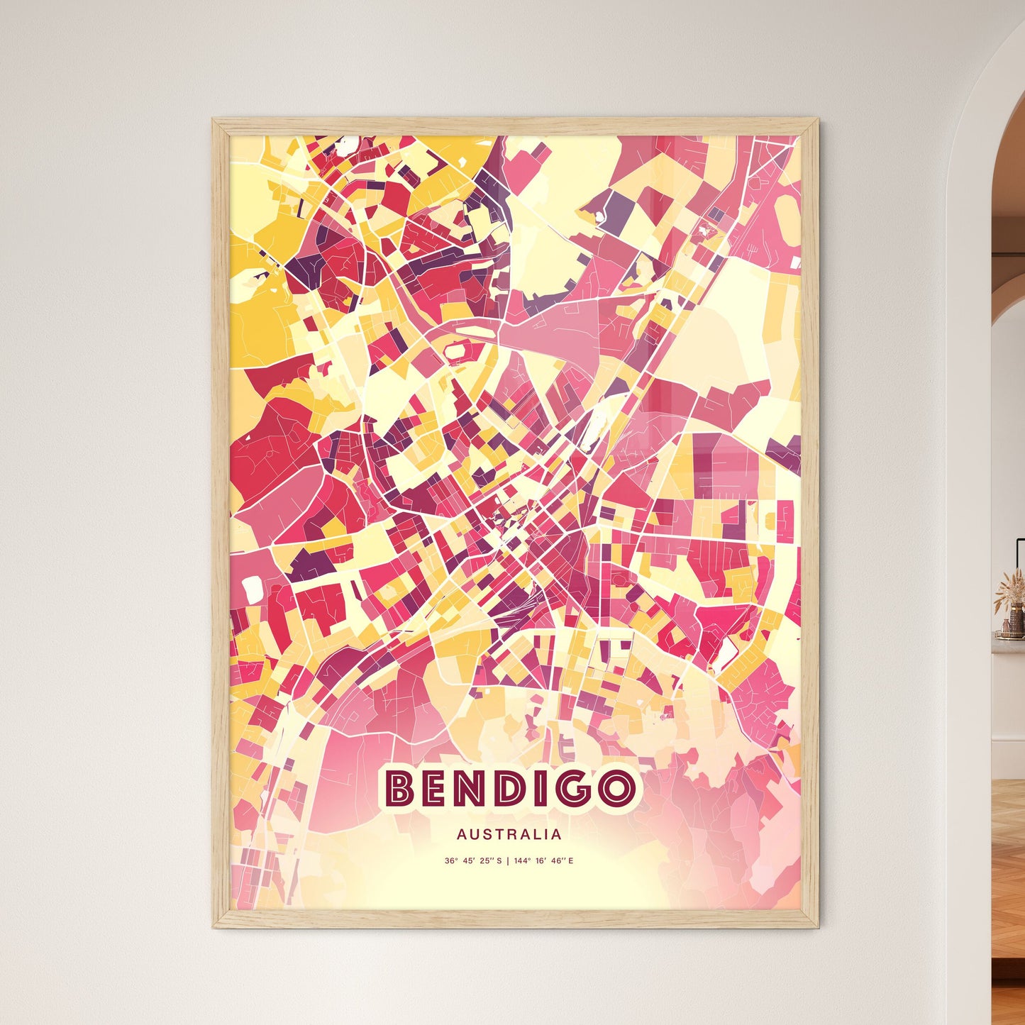 Colorful BENDIGO AUSTRALIA Fine Art Map Hot Red