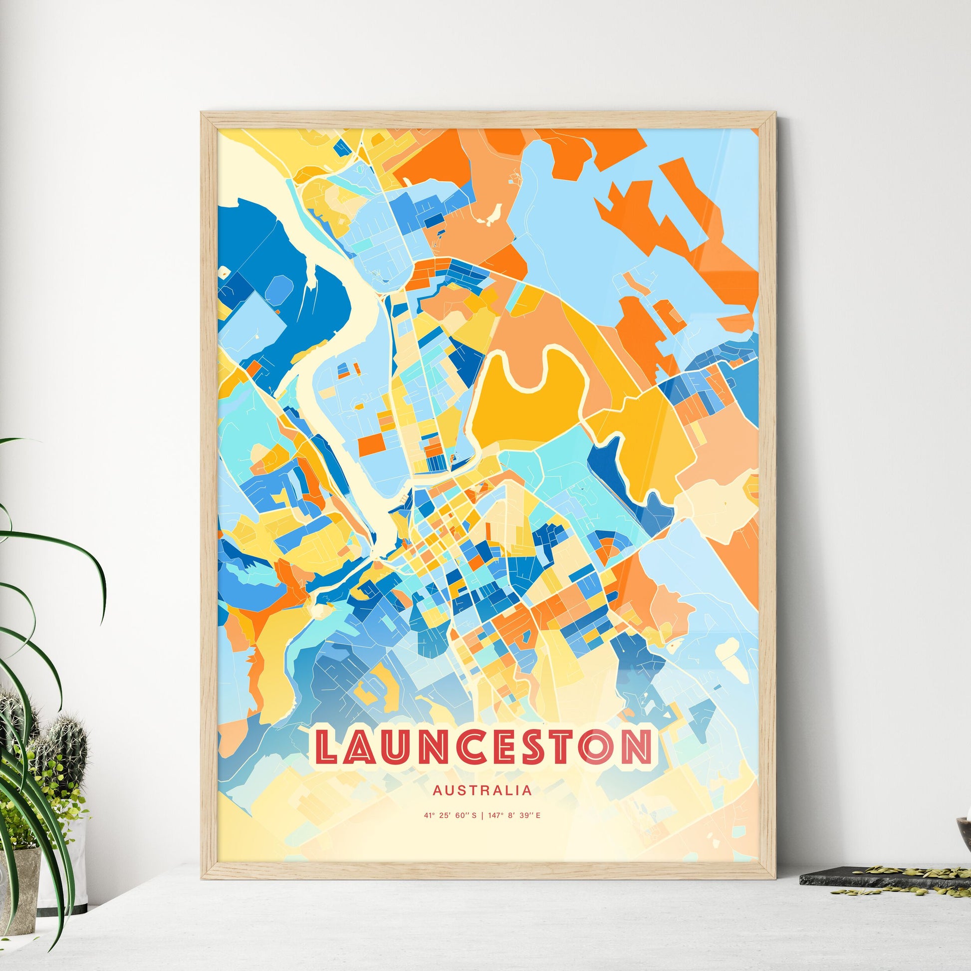 Colorful LAUNCESTON AUSTRALIA Fine Art Map Blue Orange