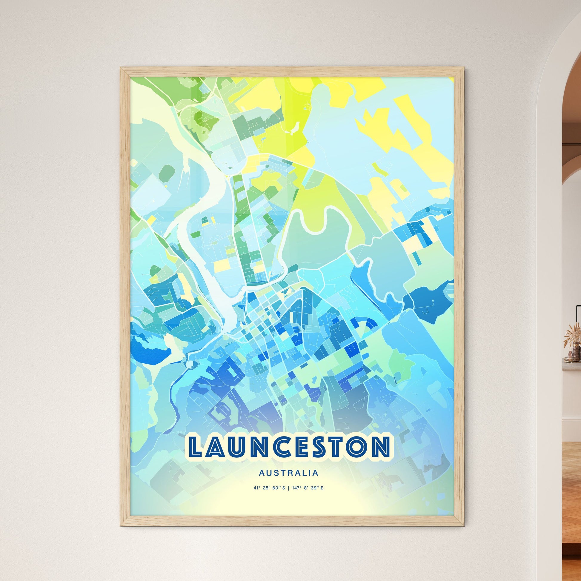 Colorful LAUNCESTON AUSTRALIA Fine Art Map Cool Blue