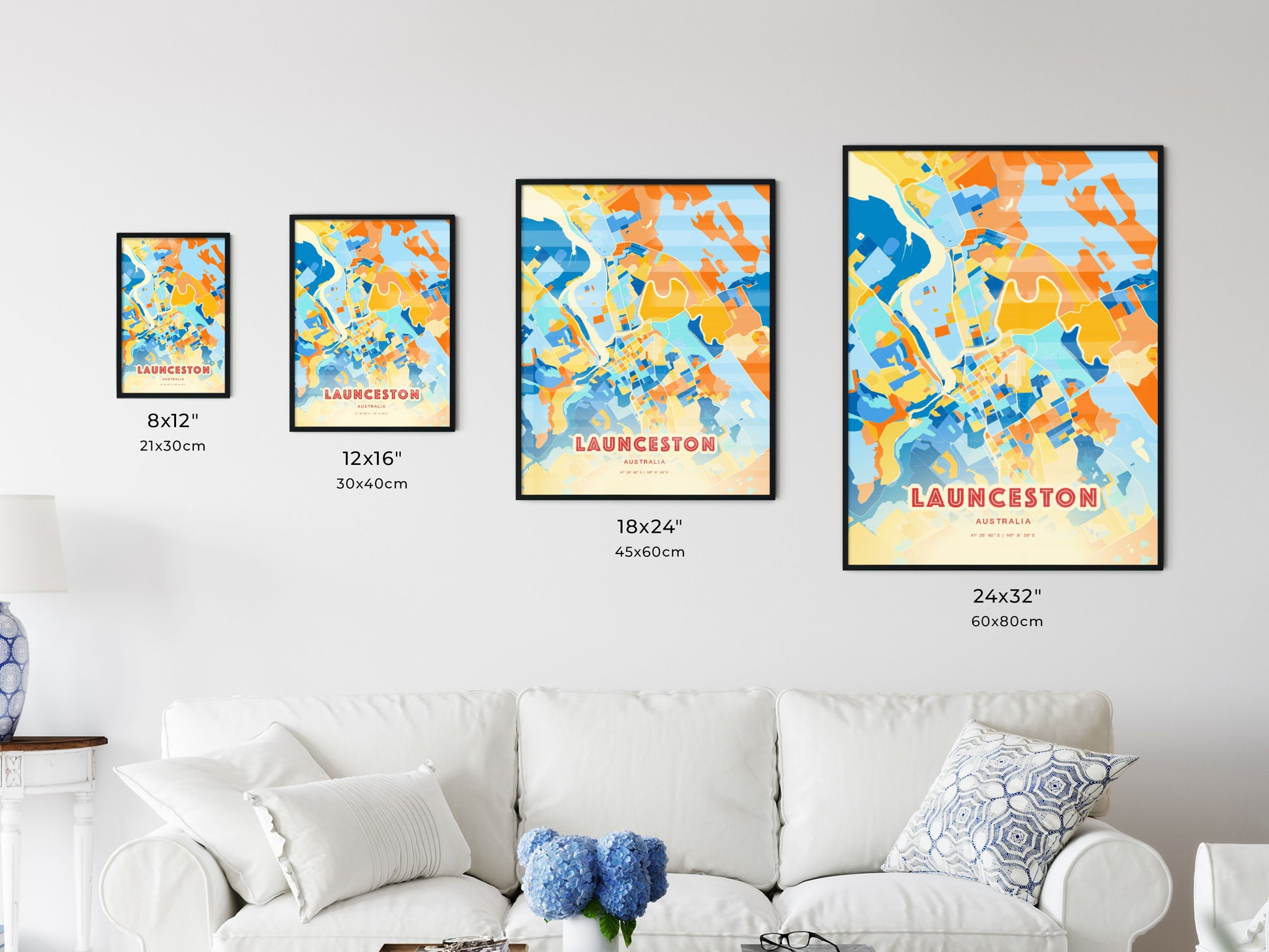 Colorful LAUNCESTON AUSTRALIA Fine Art Map Blue Orange