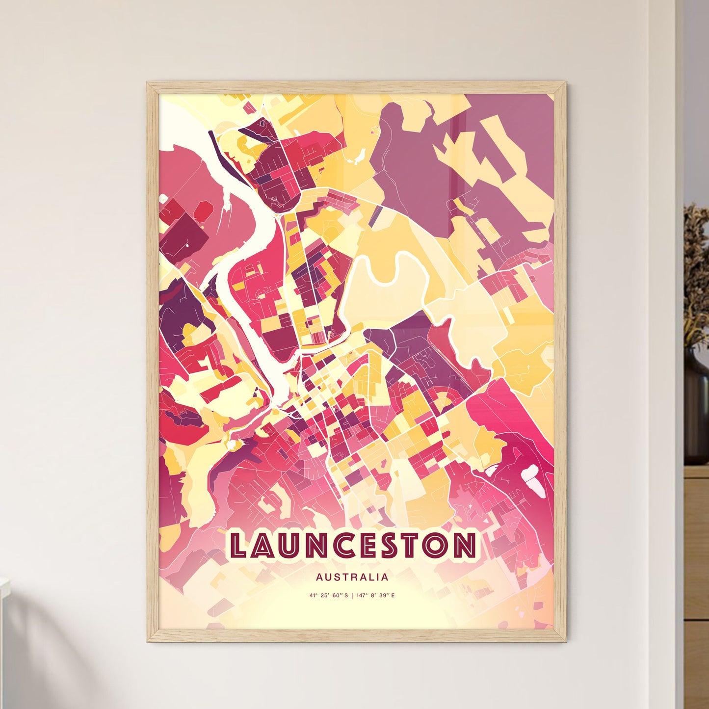 Colorful LAUNCESTON AUSTRALIA Fine Art Map Hot Red