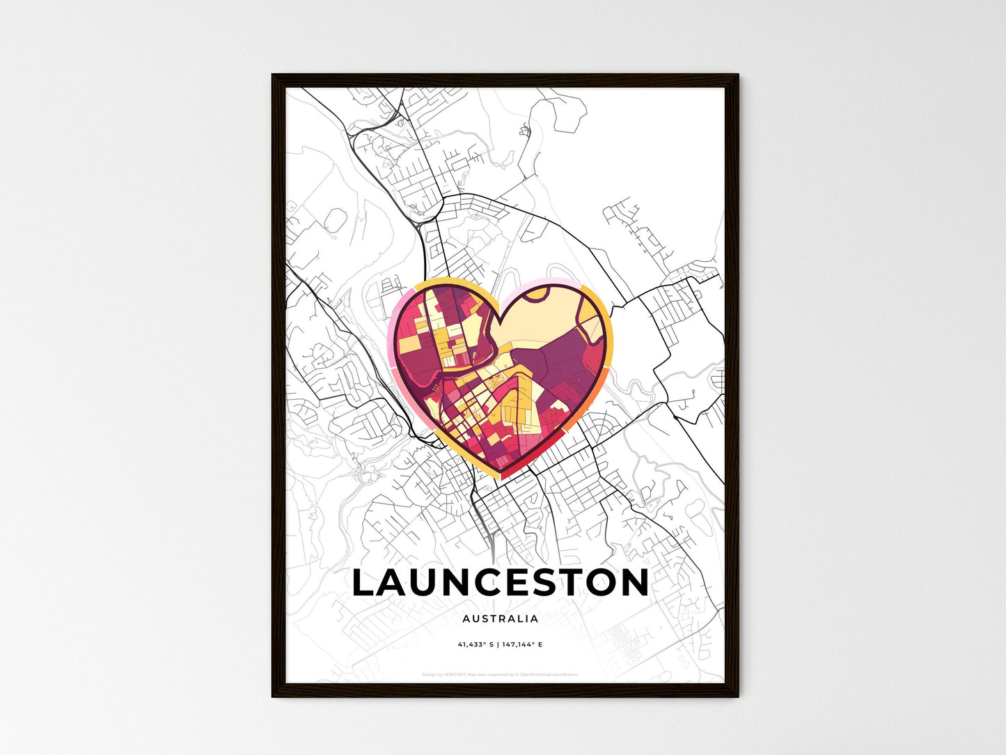 Launceston Australia wedding art map with heart icon