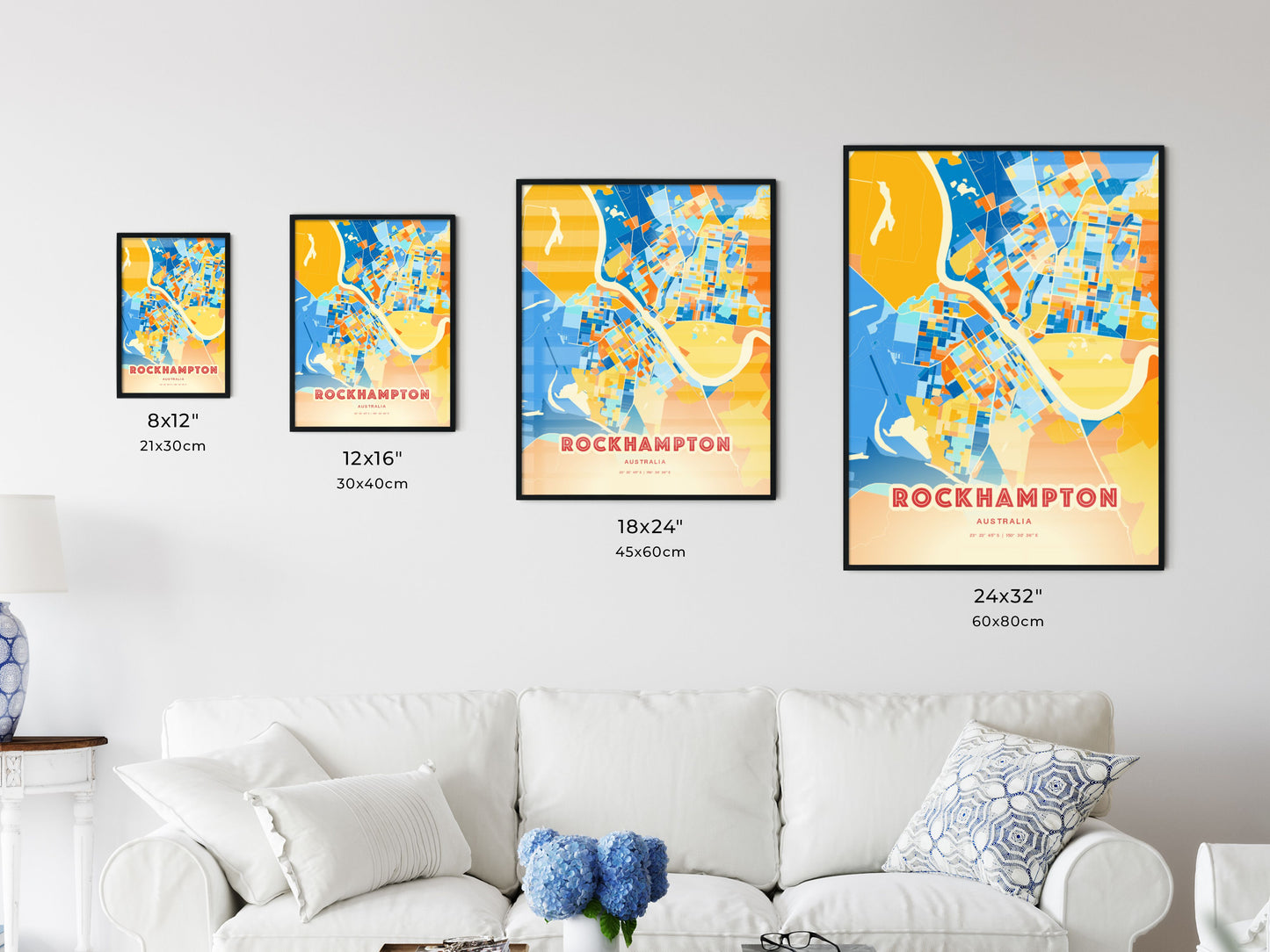 Colorful ROCKHAMPTON AUSTRALIA Fine Art Map Blue Orange