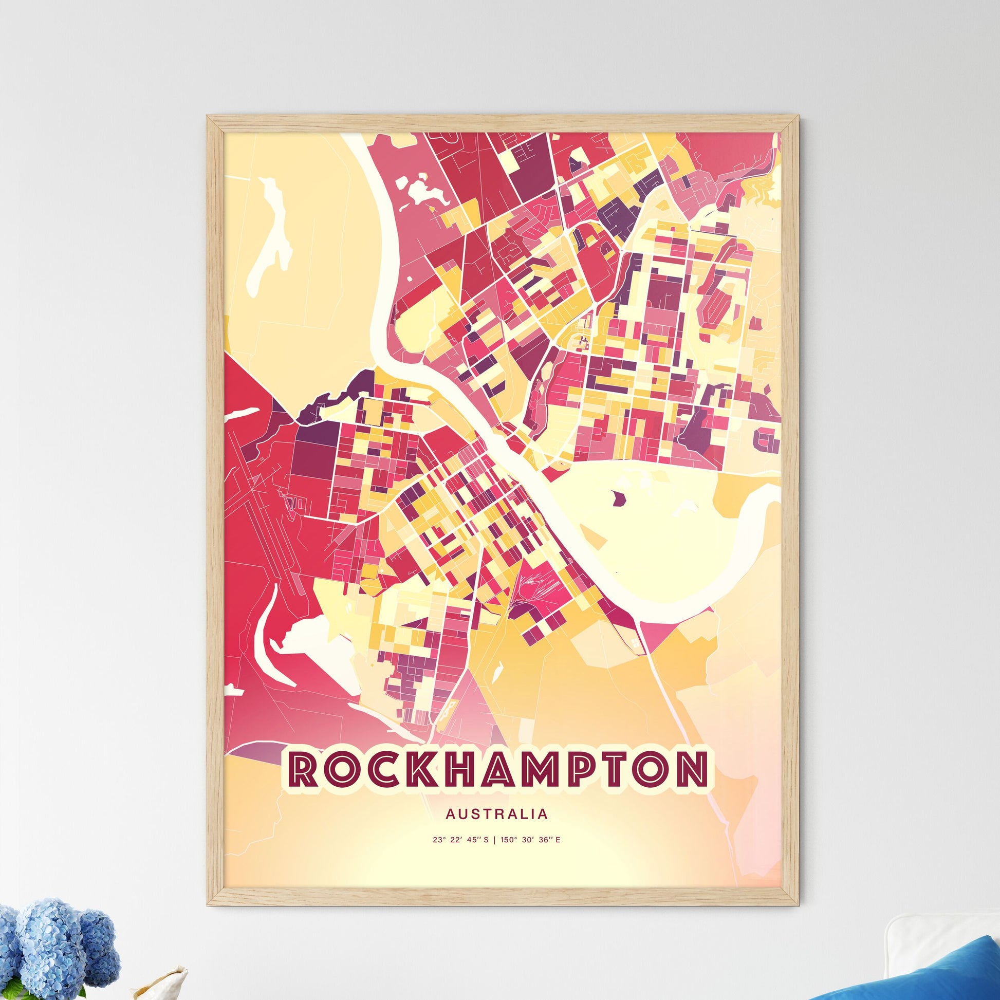 Colorful ROCKHAMPTON AUSTRALIA Fine Art Map Hot Red