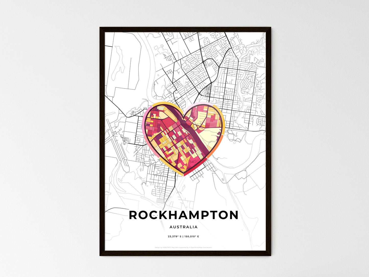 Rockhampton Australia wedding art map with heart icon