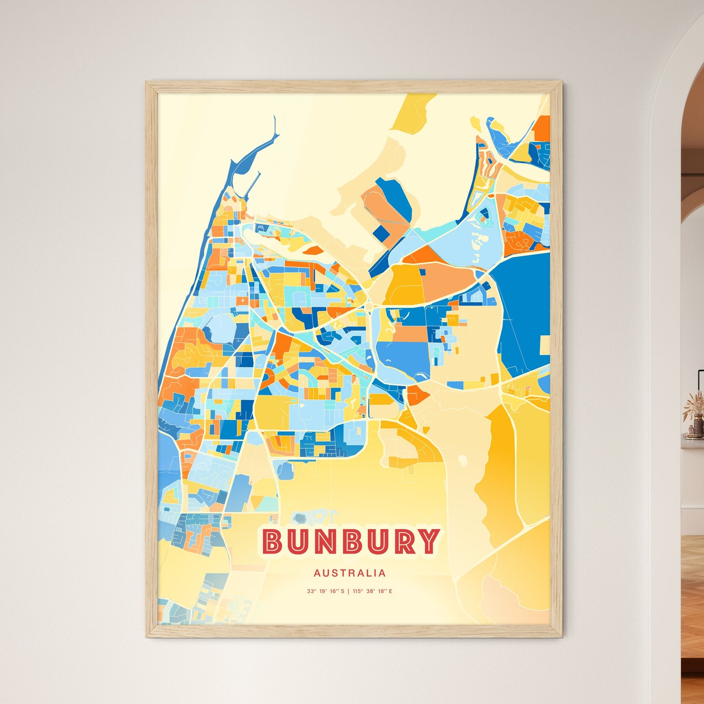 Colorful BUNBURY AUSTRALIA Fine Art Map Blue Orange