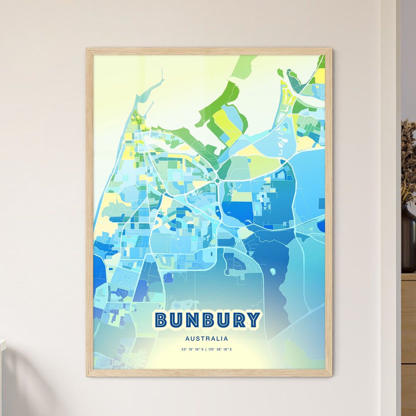 Colorful BUNBURY AUSTRALIA Fine Art Map Cool Blue