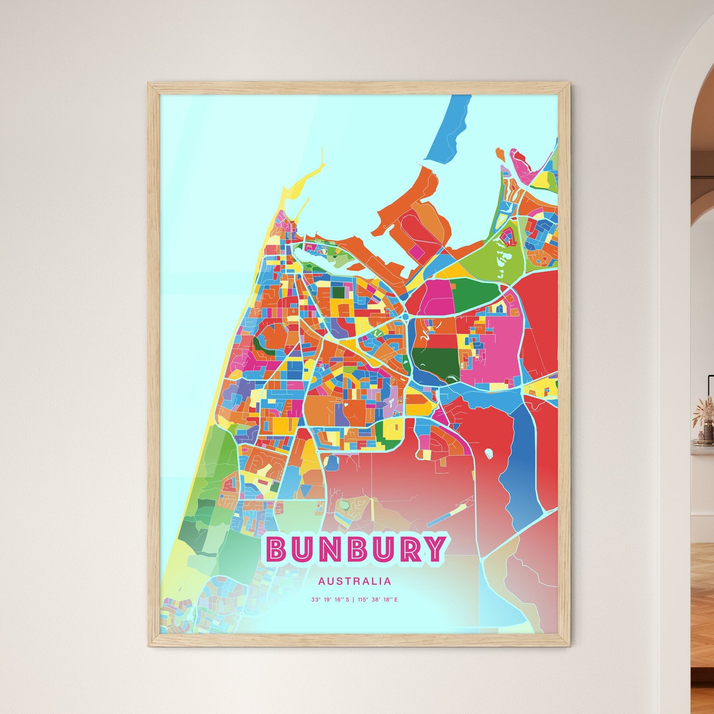 Colorful BUNBURY AUSTRALIA Fine Art Map Crazy Colors
