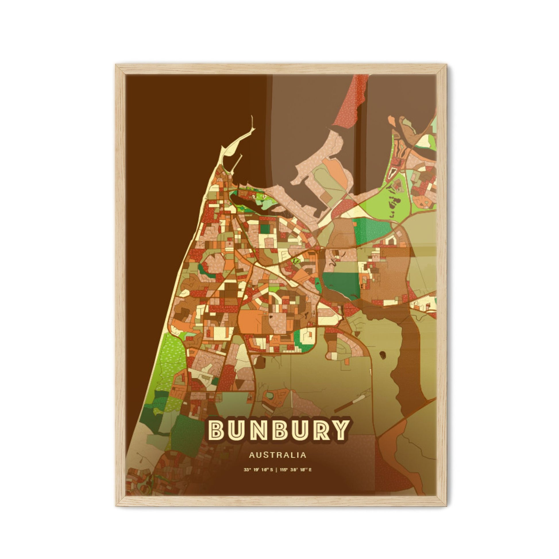 Colorful BUNBURY AUSTRALIA Fine Art Map Farmhouse