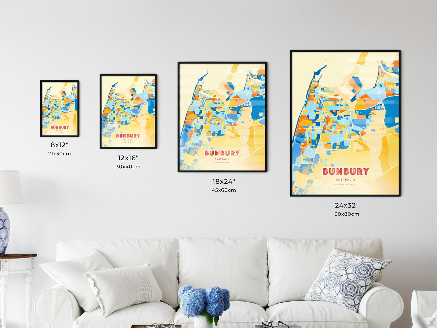 Colorful BUNBURY AUSTRALIA Fine Art Map Blue Orange