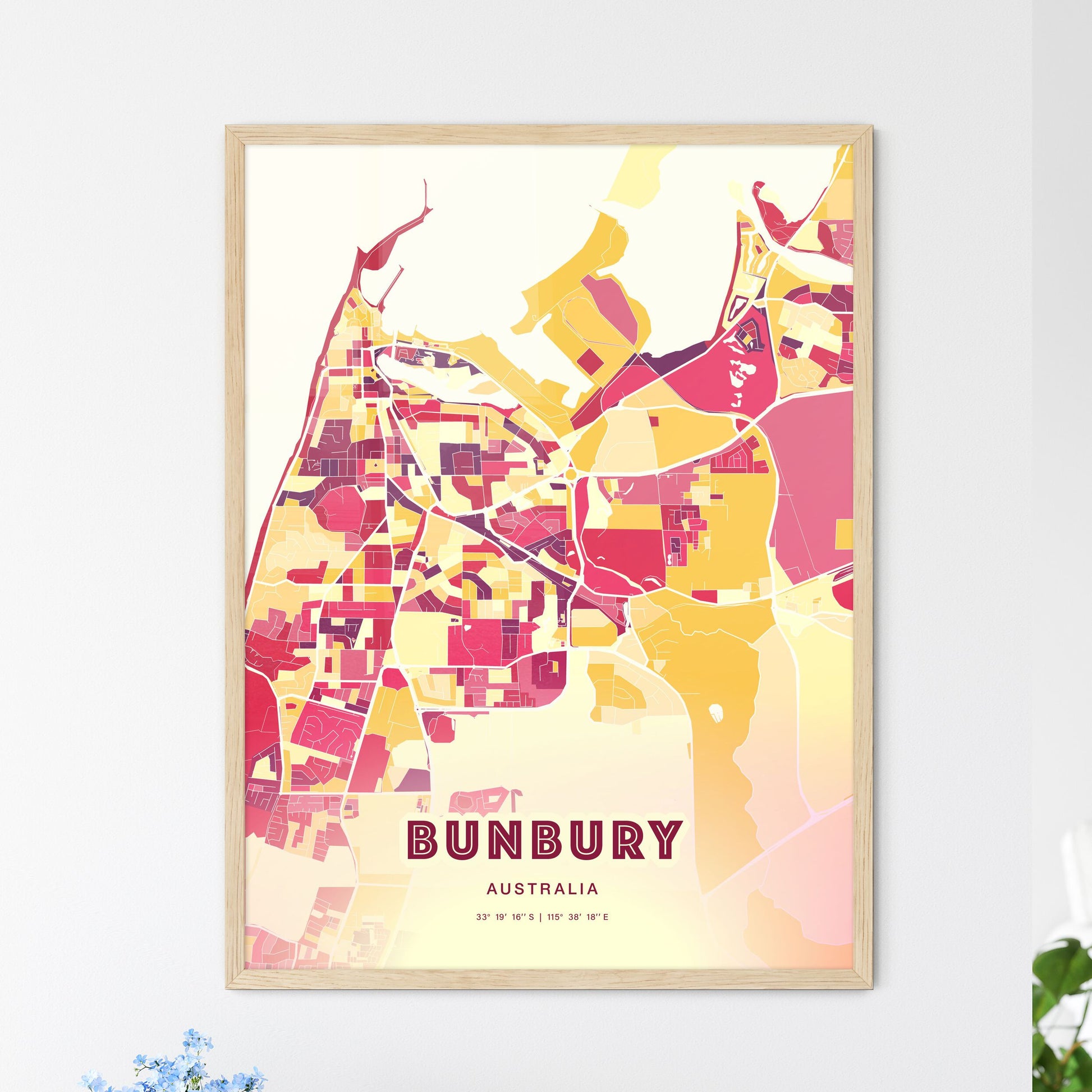 Colorful BUNBURY AUSTRALIA Fine Art Map Hot Red