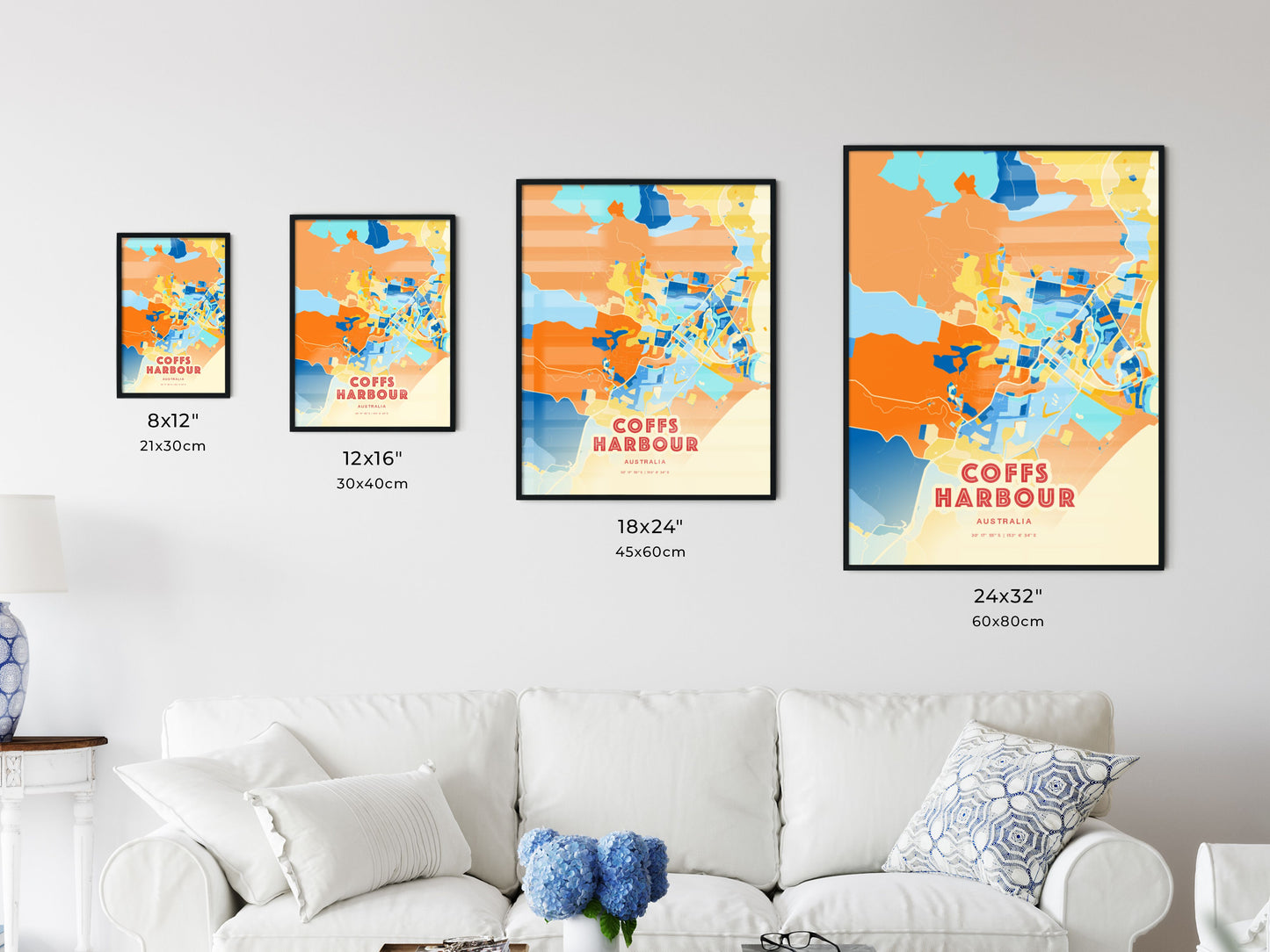 Colorful COFFS HARBOUR AUSTRALIA Fine Art Map Blue Orange