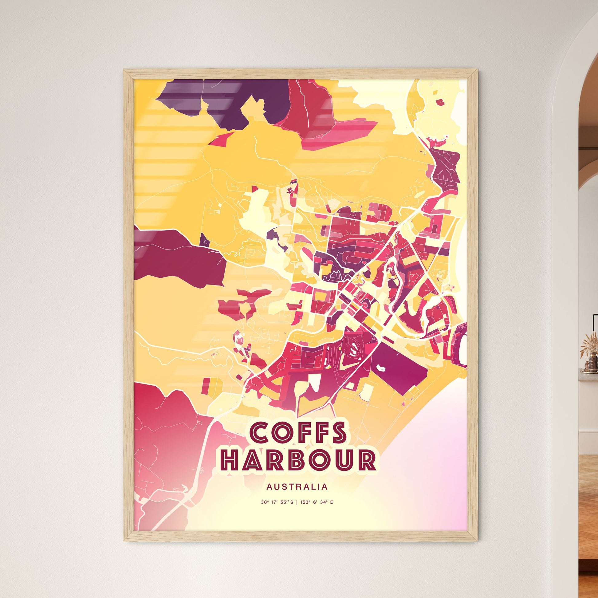 Colorful COFFS HARBOUR AUSTRALIA Fine Art Map Hot Red