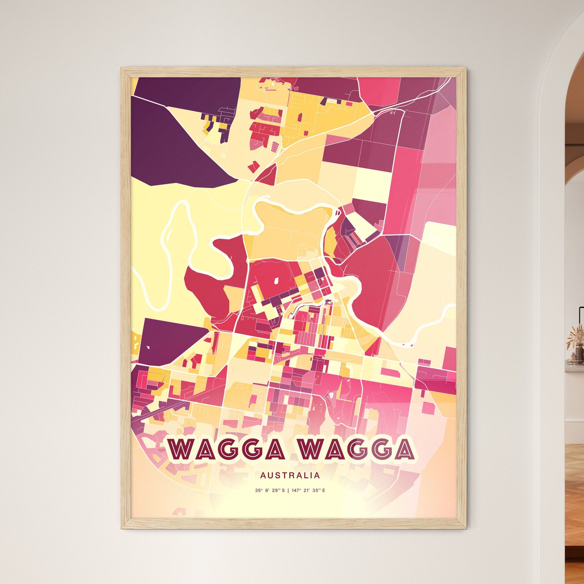 Colorful WAGGA WAGGA AUSTRALIA Fine Art Map Hot Red