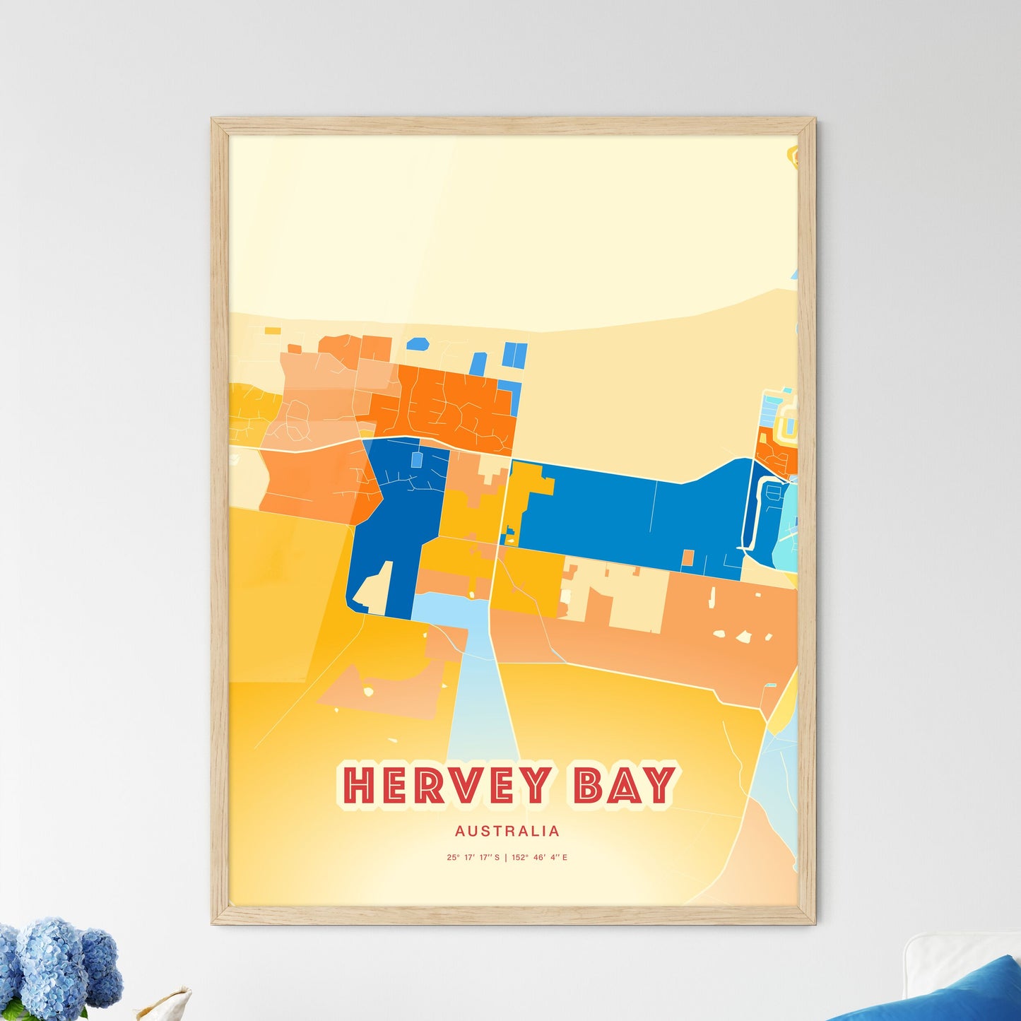 Colorful HERVEY BAY AUSTRALIA Fine Art Map Blue Orange