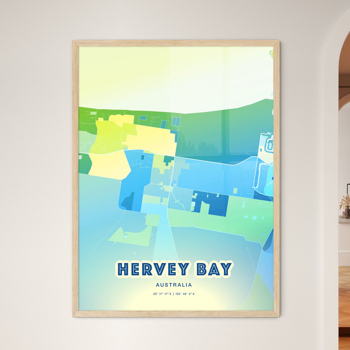 Colorful HERVEY BAY AUSTRALIA Fine Art Map Cool Blue