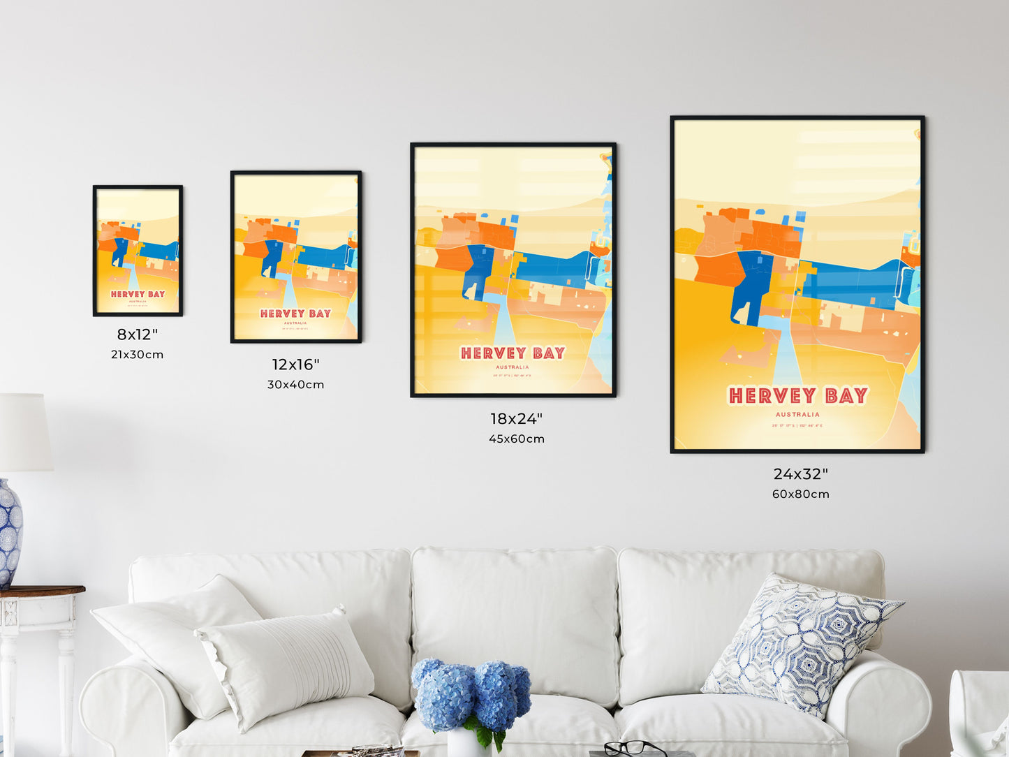 Colorful HERVEY BAY AUSTRALIA Fine Art Map Blue Orange