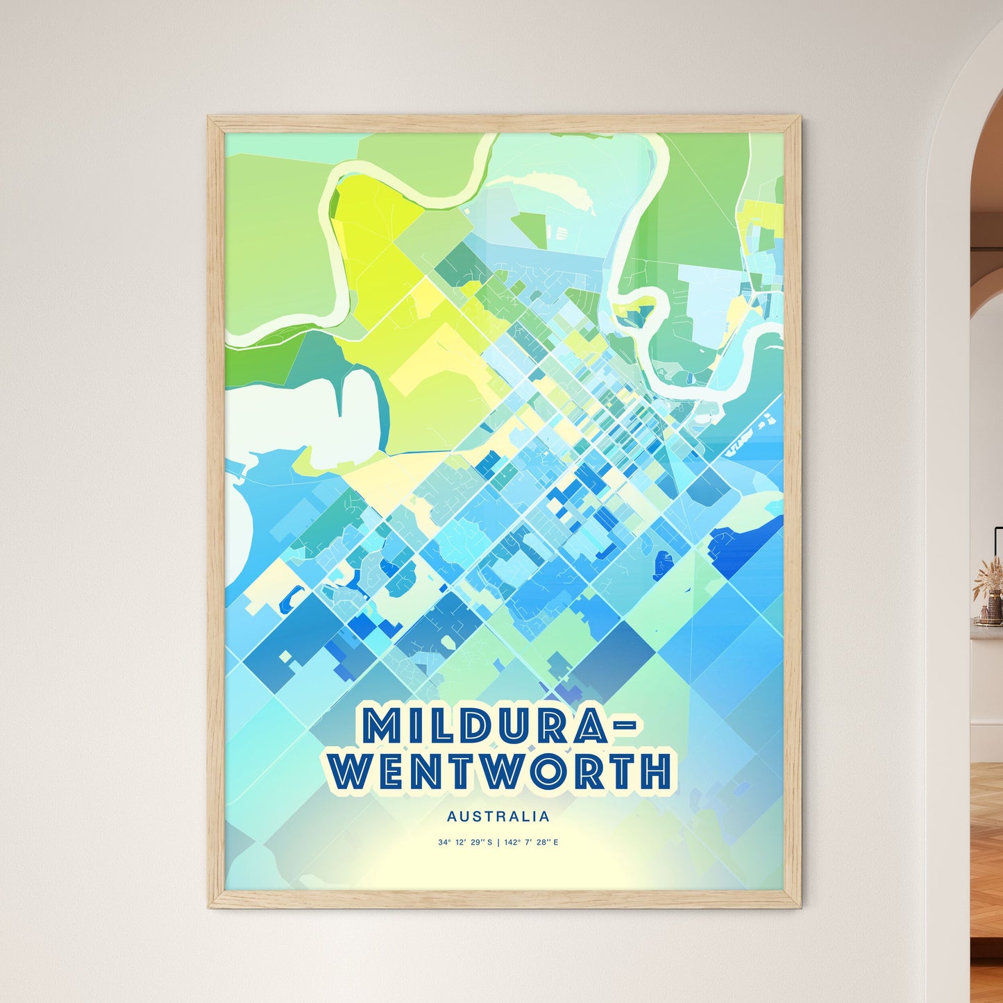 Colorful MILDURA–WENTWORTH AUSTRALIA Fine Art Map Cool Blue