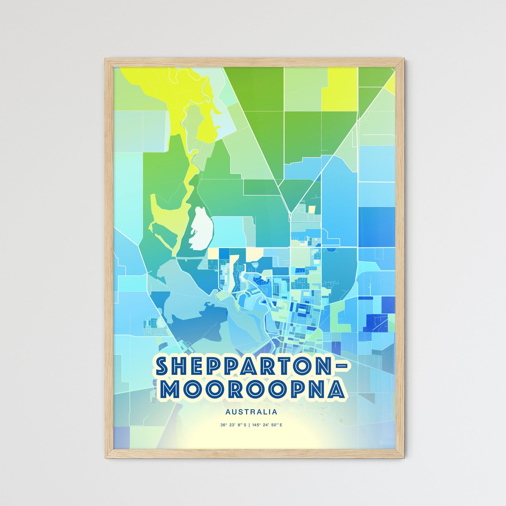 Colorful SHEPPARTON–MOOROOPNA AUSTRALIA Fine Art Map Cool Blue