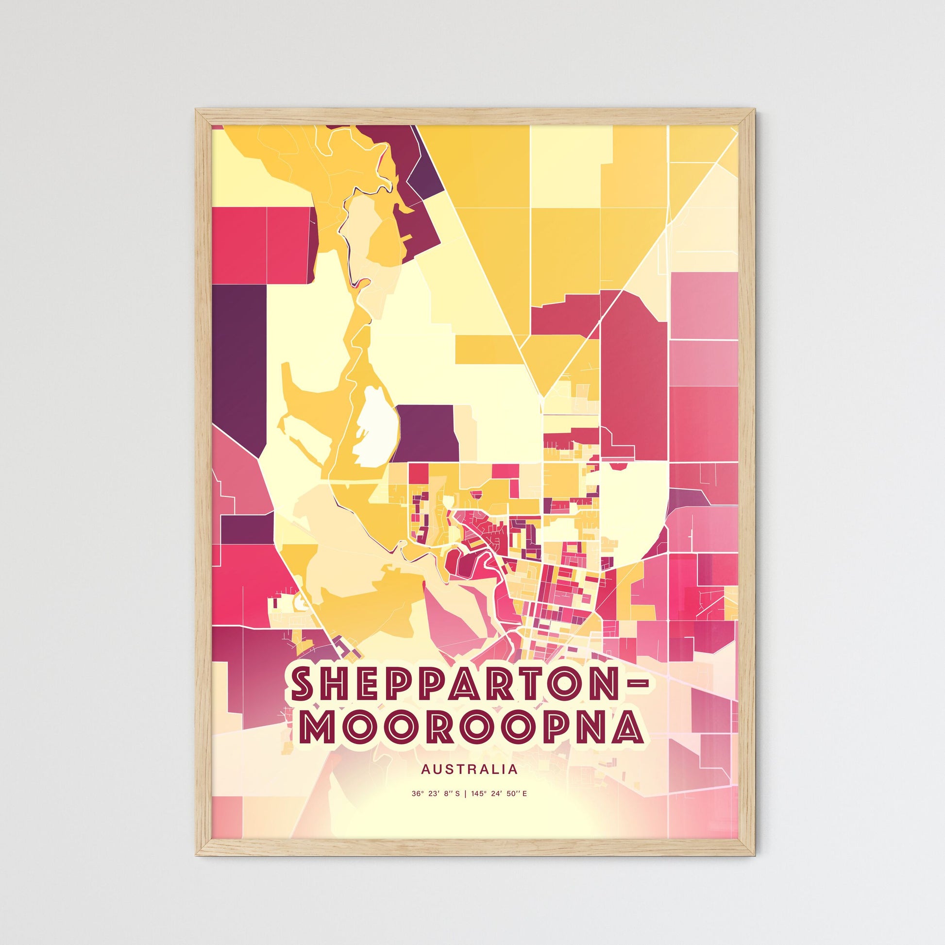 Colorful SHEPPARTON–MOOROOPNA AUSTRALIA Fine Art Map Hot Red