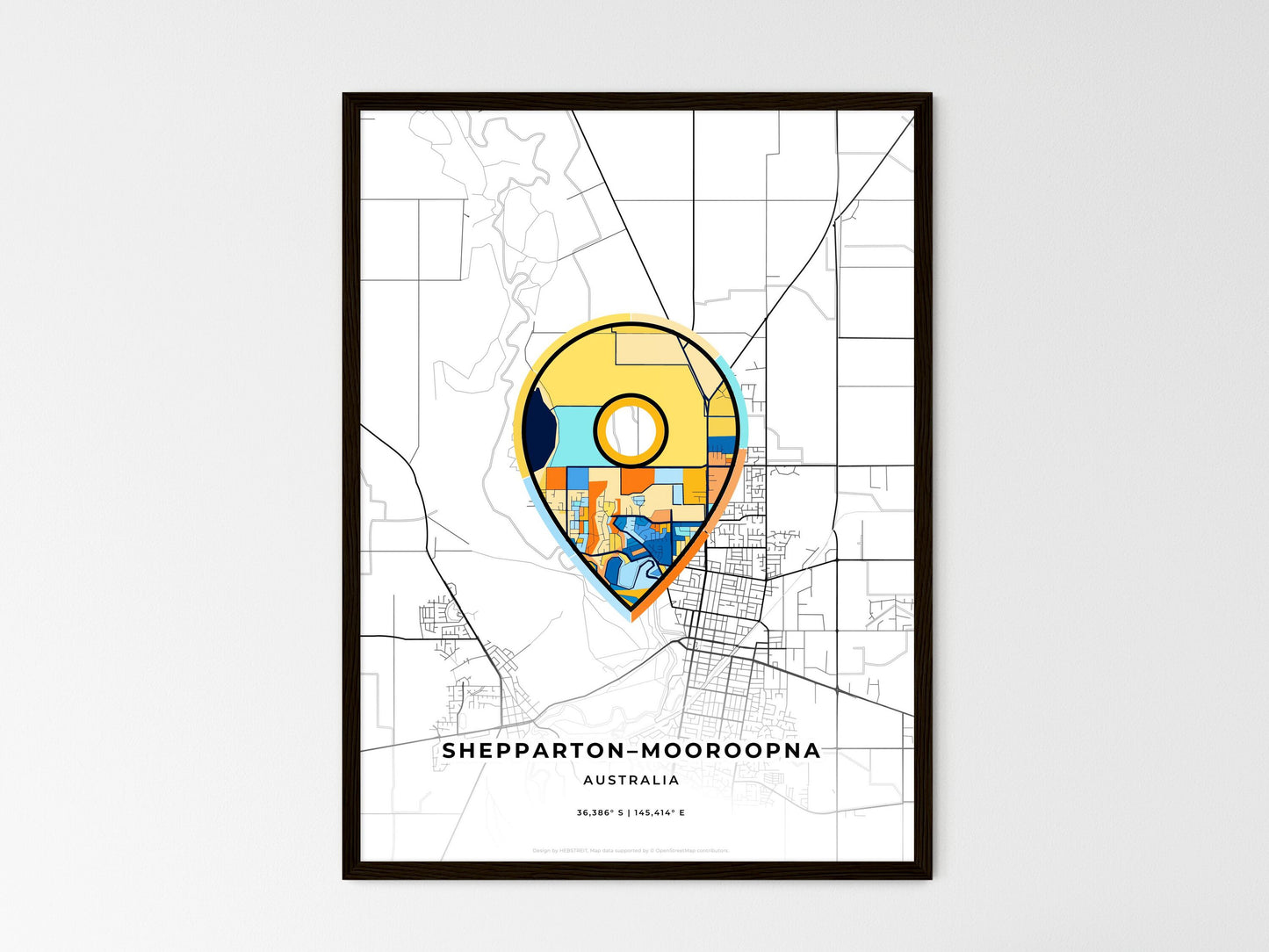Shepparton–Mooroopna Australia wedding art map with pointer icon