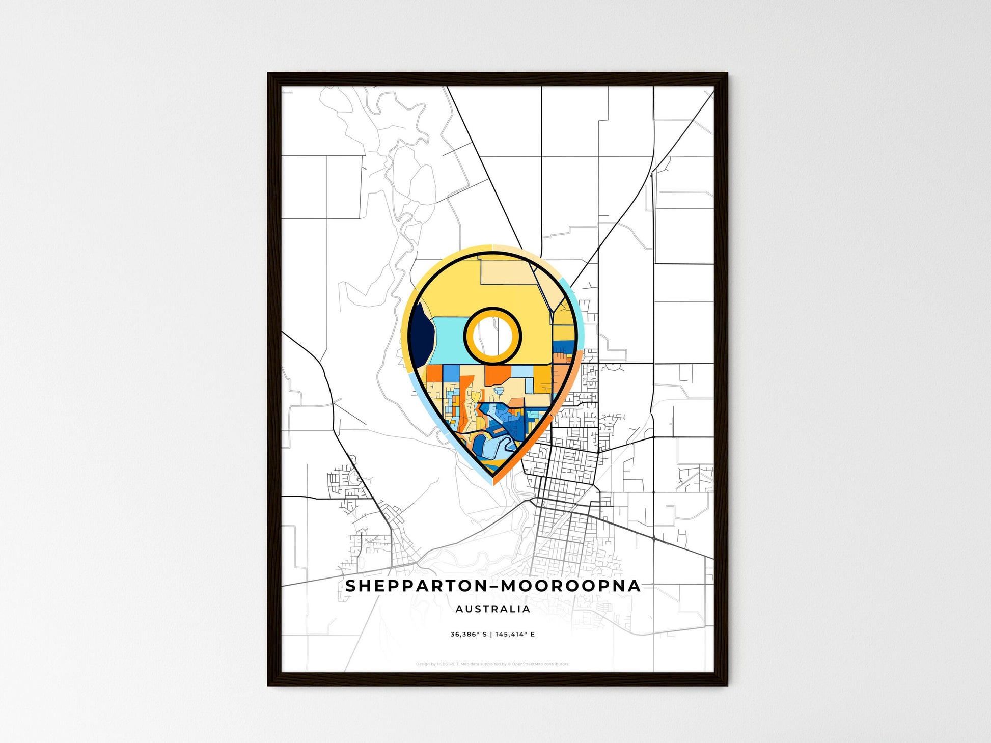 Shepparton–Mooroopna Australia wedding art map with pointer icon