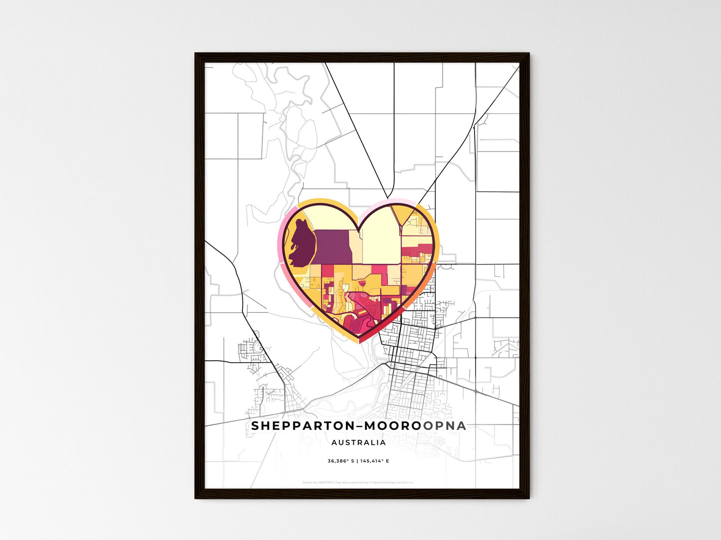 Shepparton–Mooroopna Australia wedding art map with heart icon