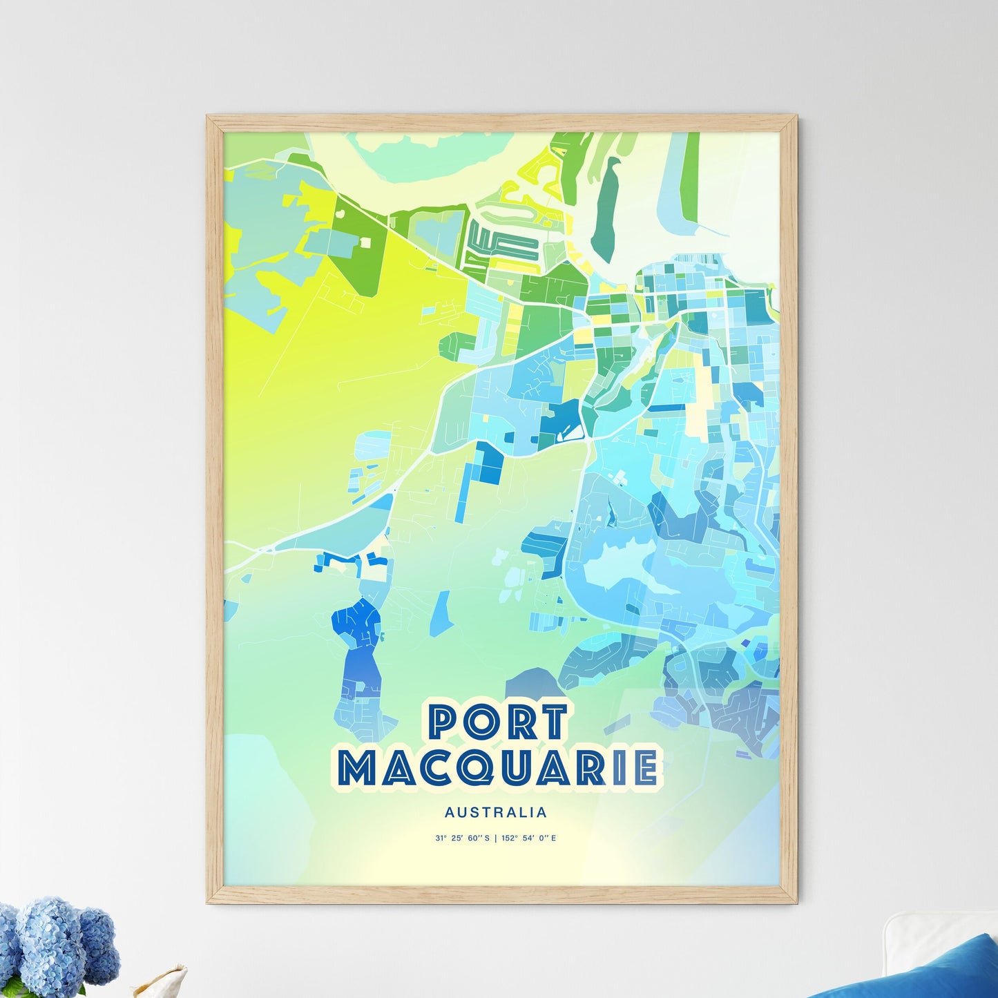 Colorful PORT MACQUARIE AUSTRALIA Fine Art Map Cool Blue