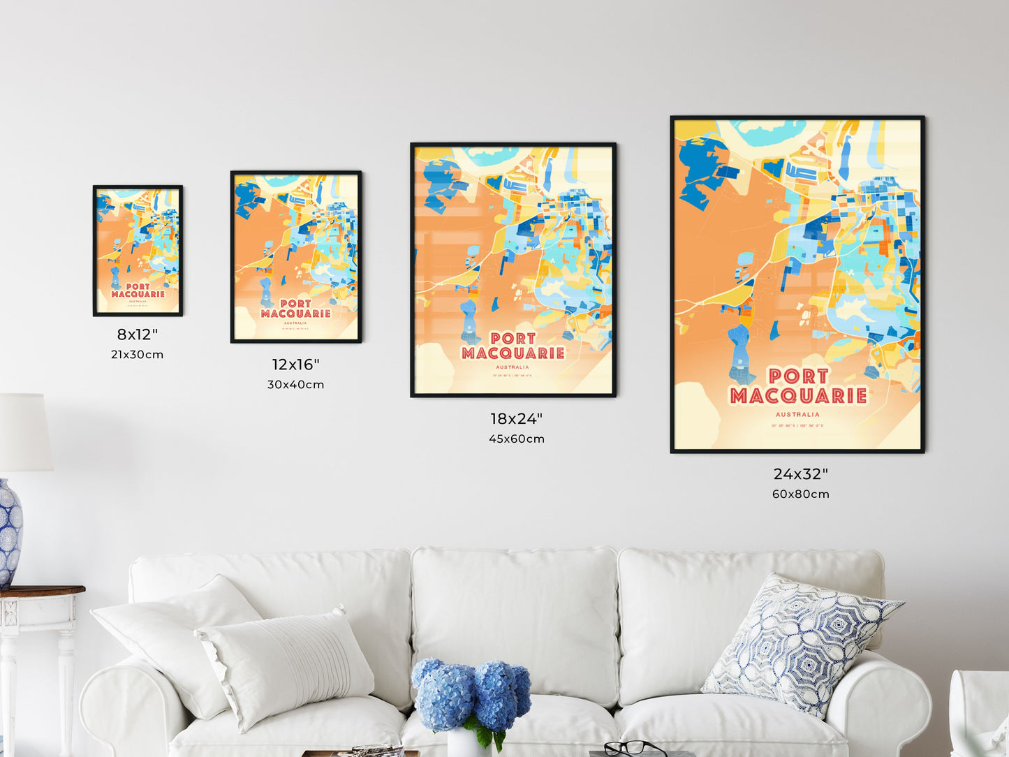 Colorful PORT MACQUARIE AUSTRALIA Fine Art Map Blue Orange