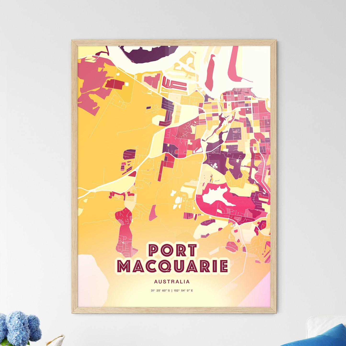 Colorful PORT MACQUARIE AUSTRALIA Fine Art Map Hot Red