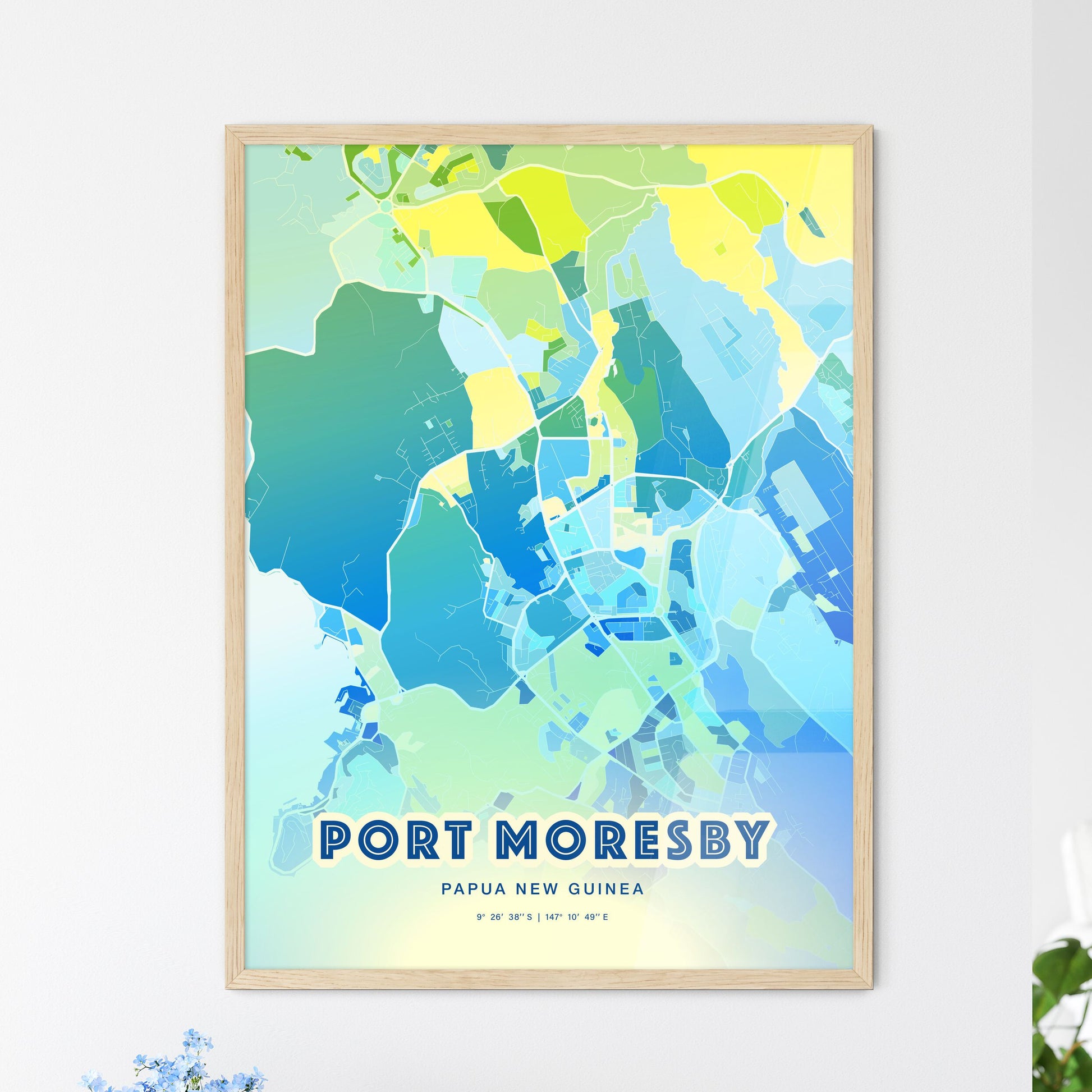 Colorful PORT MORESBY PAPUA NEW GUINEA Fine Art Map Cool Blue