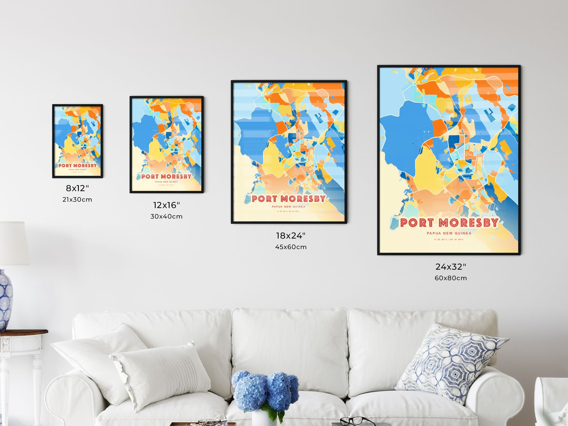 Colorful PORT MORESBY PAPUA NEW GUINEA Fine Art Map Blue Orange