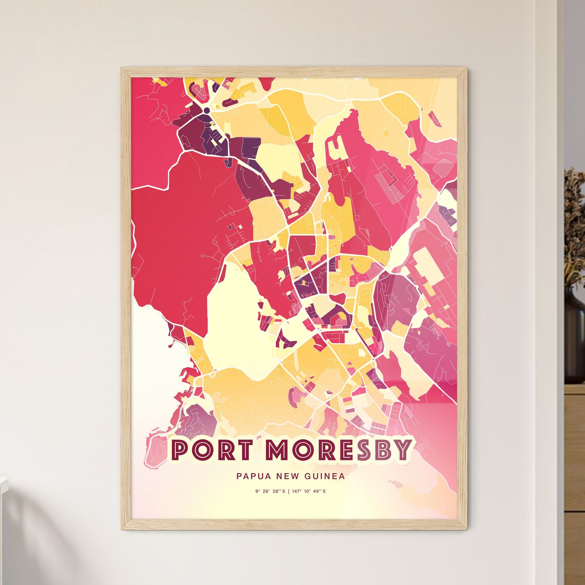 Colorful PORT MORESBY PAPUA NEW GUINEA Fine Art Map Hot Red