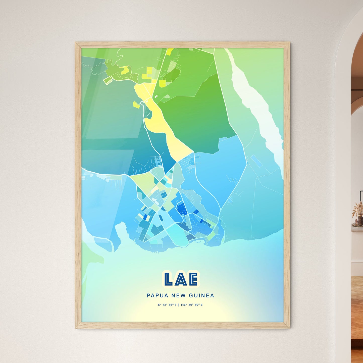 Colorful LAE PAPUA NEW GUINEA Fine Art Map Cool Blue