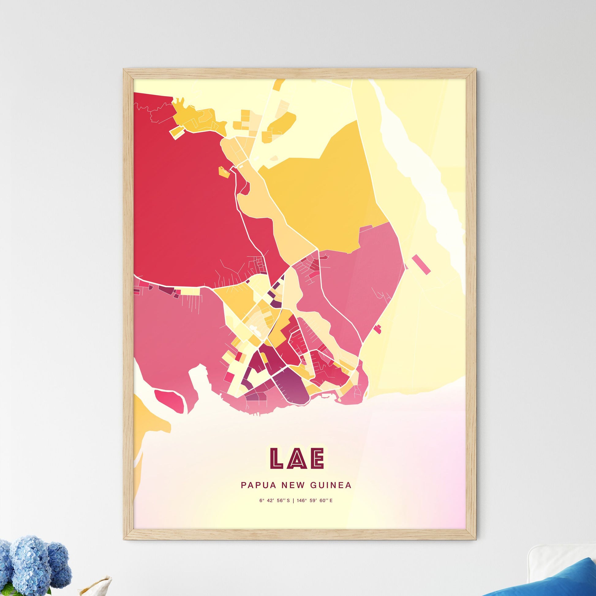 Colorful LAE PAPUA NEW GUINEA Fine Art Map Hot Red