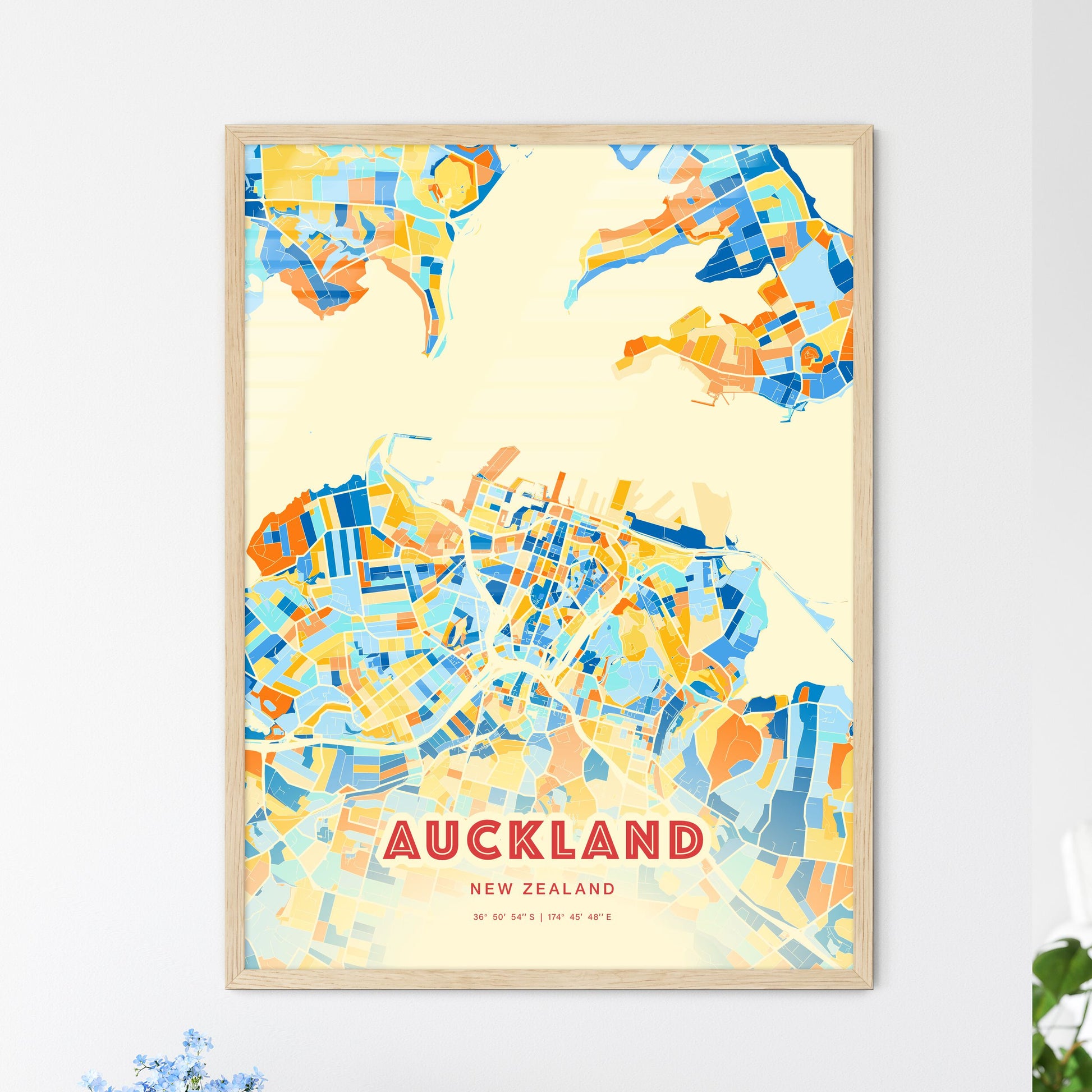 Colorful Auckland New Zealand Fine Art Map Blue Orange