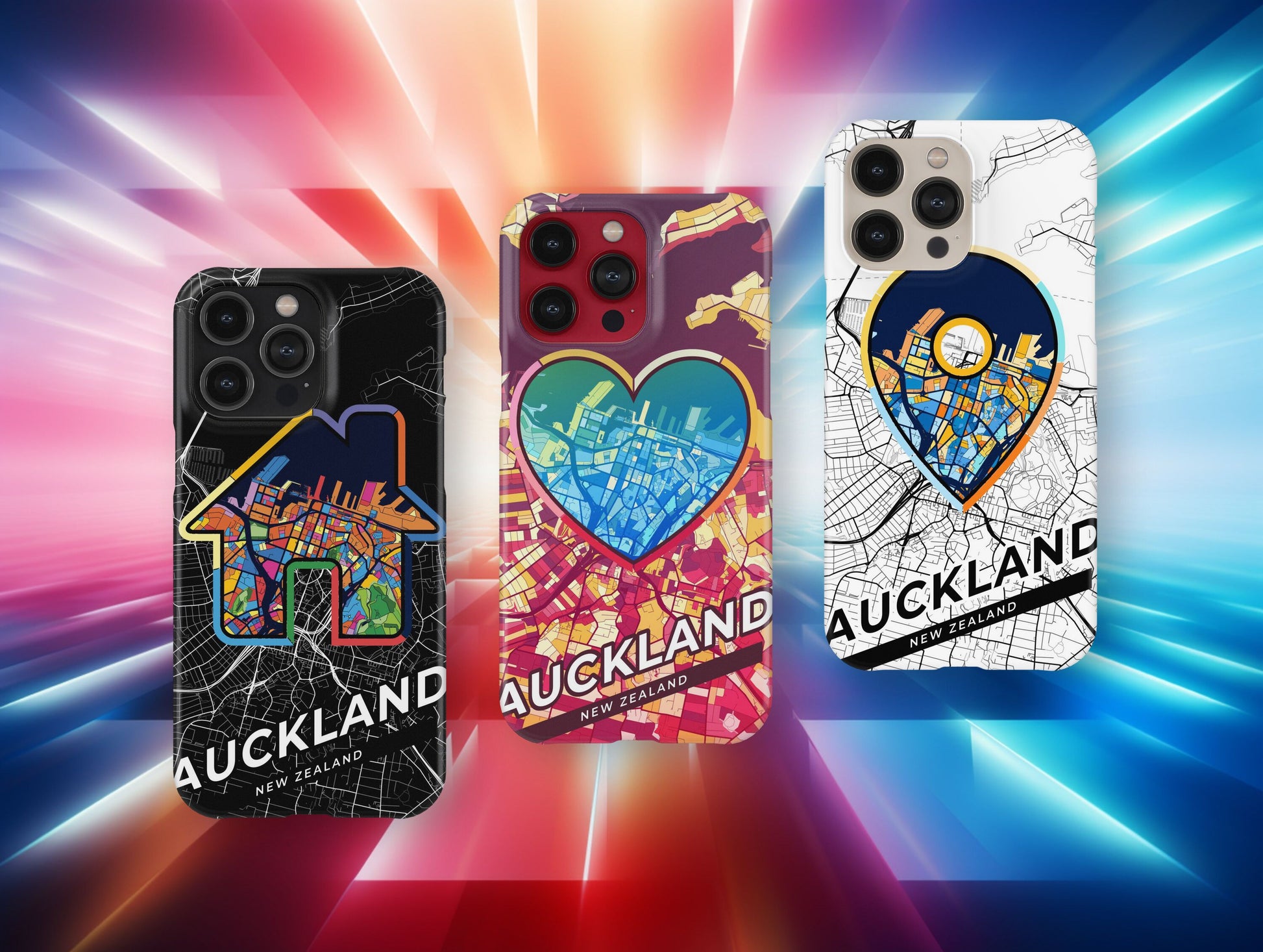 Auckland New Zealand slim phone case with colorful icon. Birthday, wedding or housewarming gift. Couple match cases.