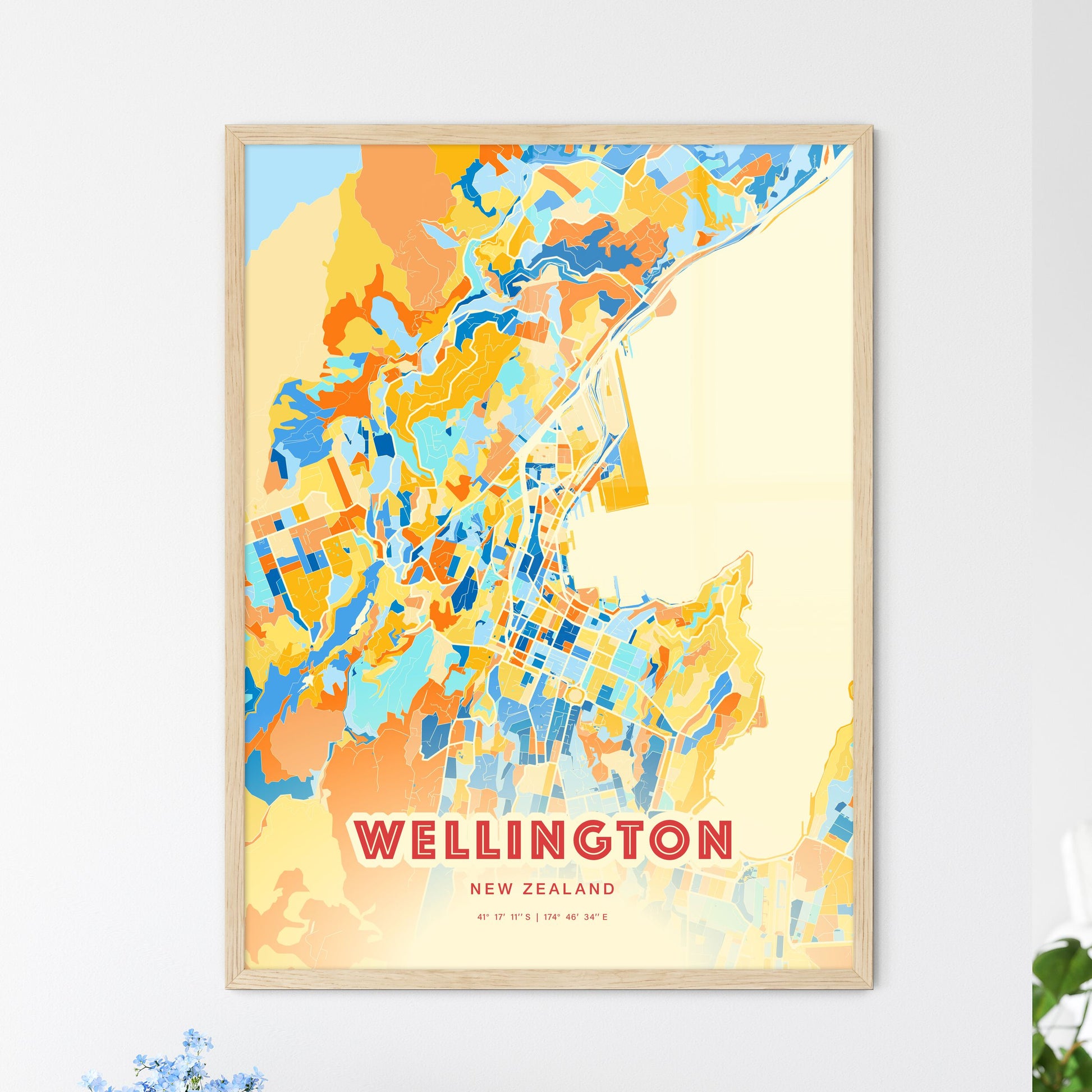 Colorful Wellington New Zealand Fine Art Map Blue Orange