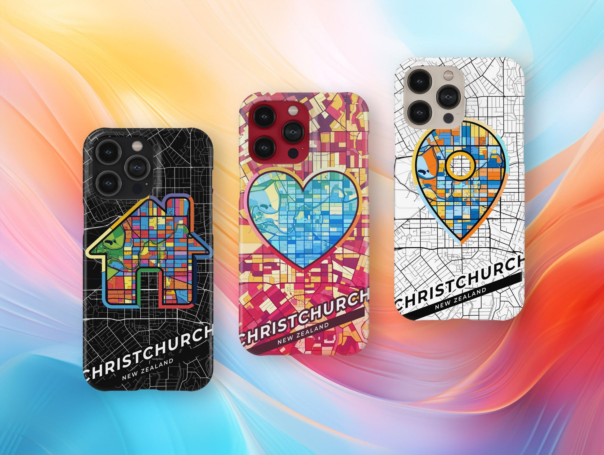Christchurch New Zealand slim phone case with colorful icon. Birthday, wedding or housewarming gift. Couple match cases.