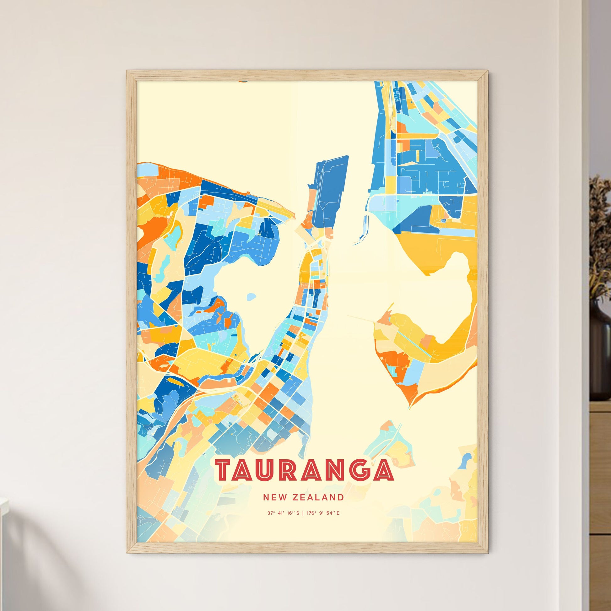 Colorful TAURANGA NEW ZEALAND Fine Art Map Blue Orange