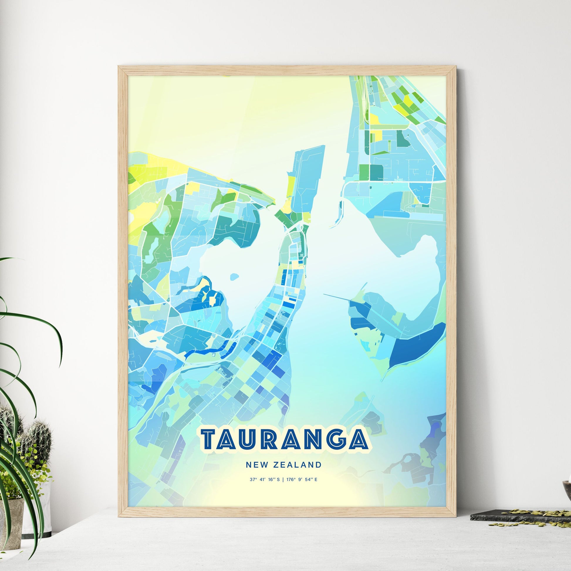 Colorful TAURANGA NEW ZEALAND Fine Art Map Cool Blue