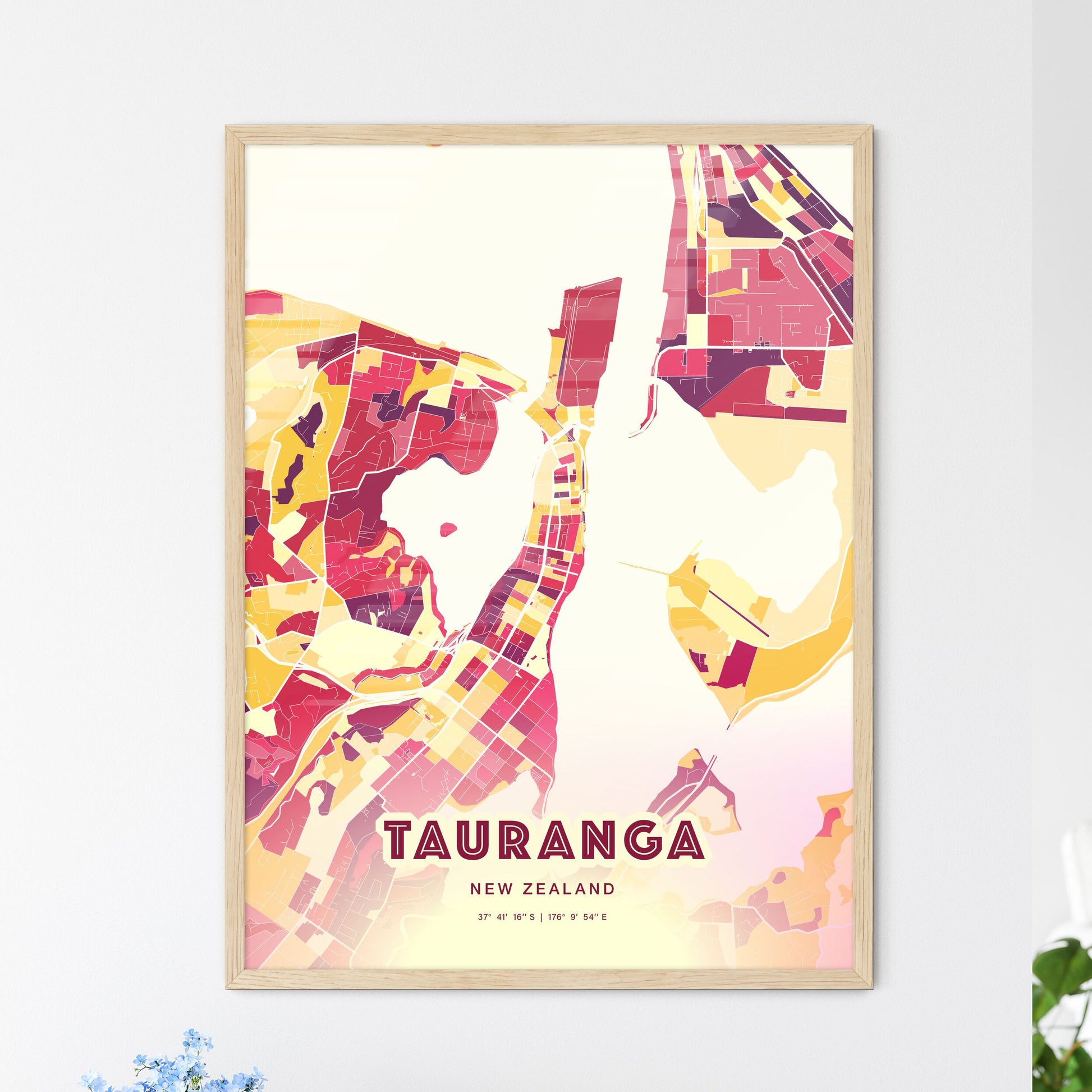 Colorful TAURANGA NEW ZEALAND Fine Art Map Hot Red