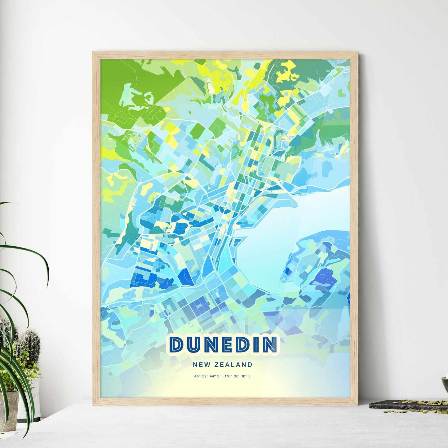 Colorful DUNEDIN NEW ZEALAND Fine Art Map Cool Blue