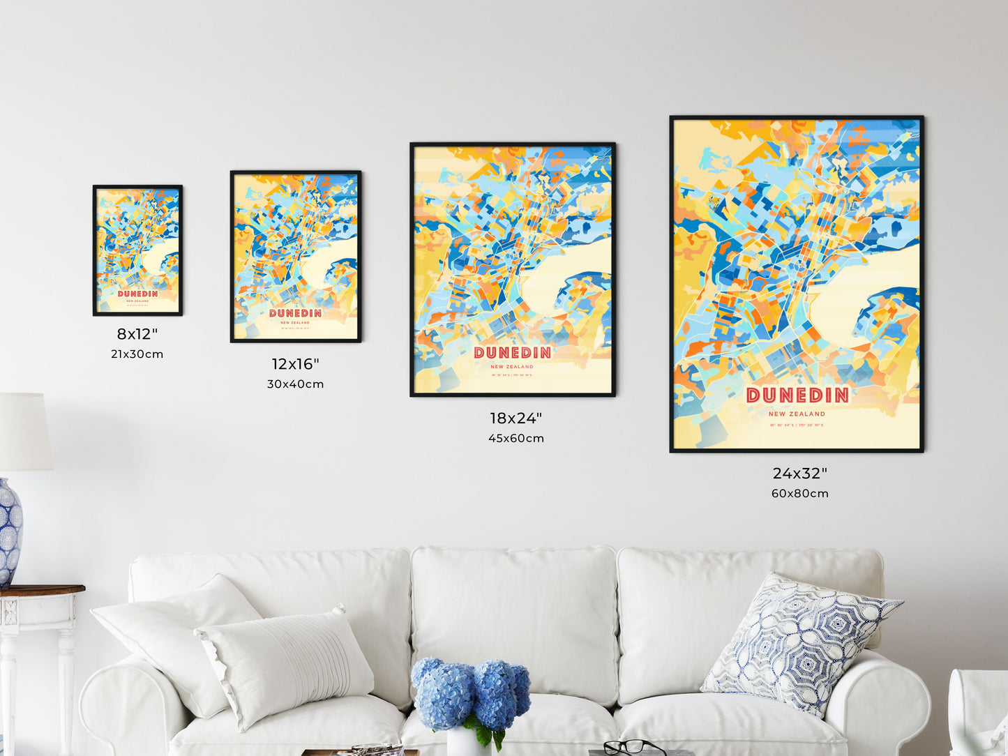 Colorful DUNEDIN NEW ZEALAND Fine Art Map Blue Orange