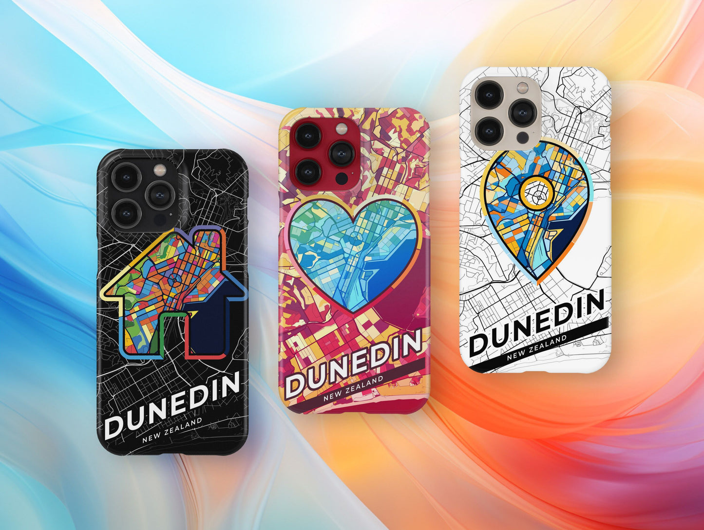 Dunedin New Zealand slim phone case with colorful icon. Birthday, wedding or housewarming gift. Couple match cases.