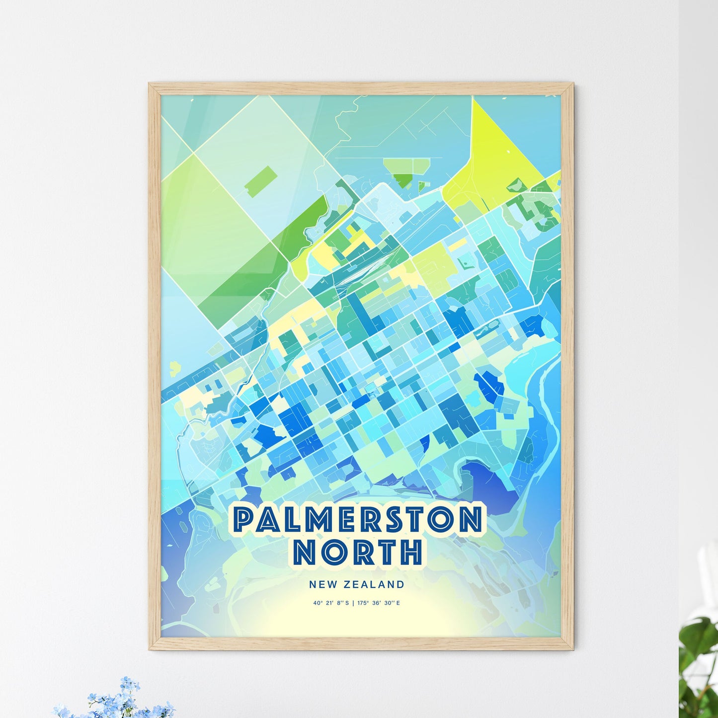 Colorful PALMERSTON NORTH NEW ZEALAND Fine Art Map Cool Blue