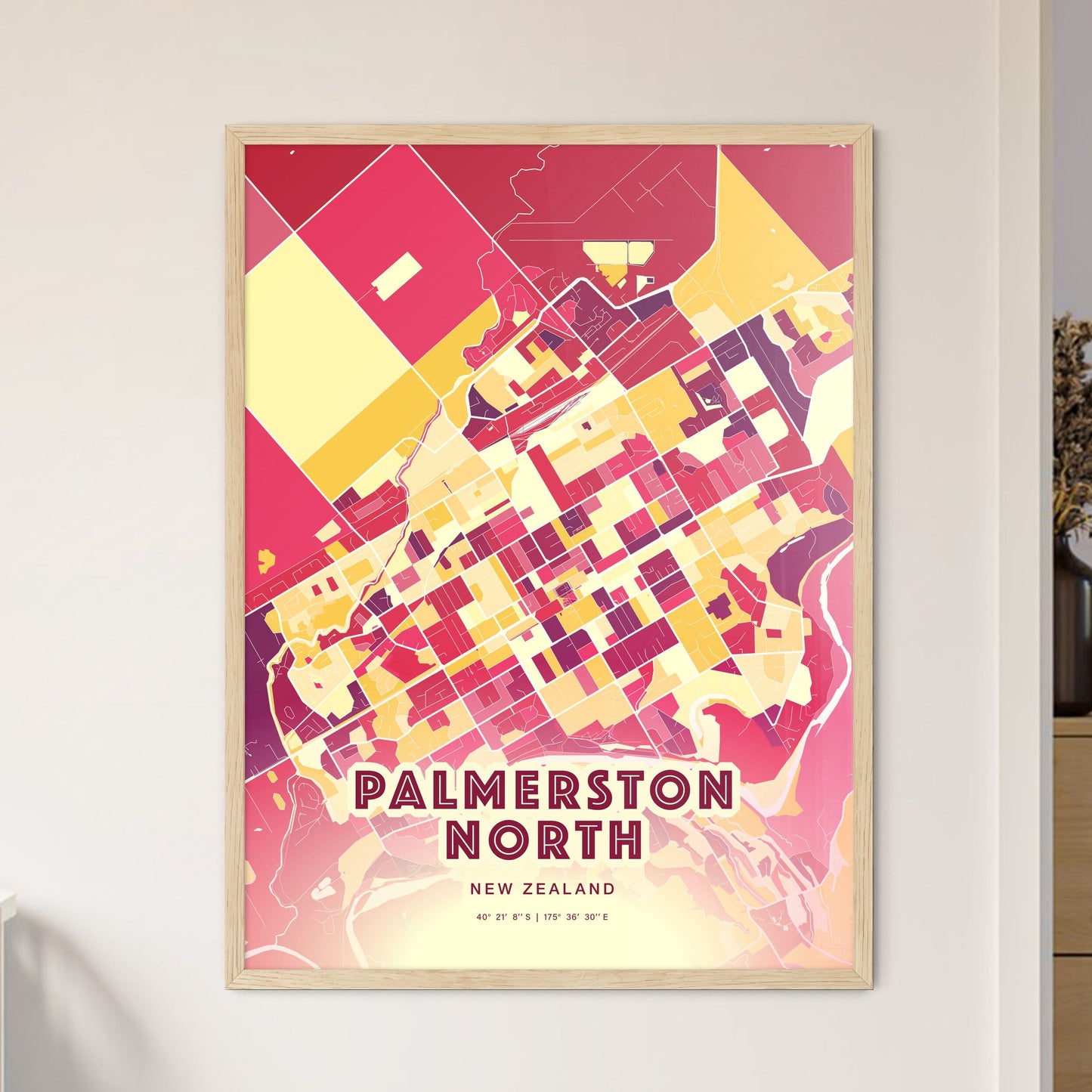 Colorful PALMERSTON NORTH NEW ZEALAND Fine Art Map Hot Red